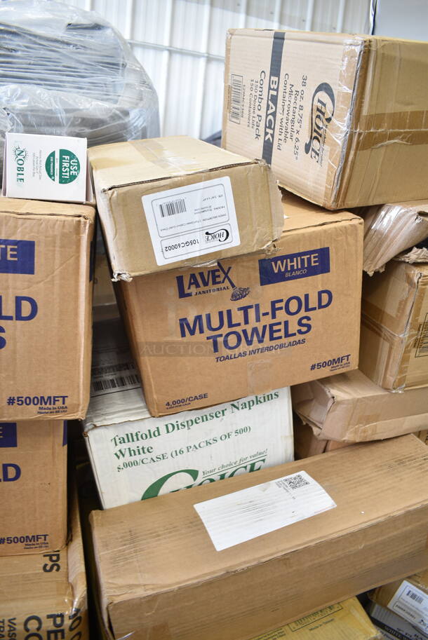 PALLET LOT of 34 BRAND NEW Boxes Including 105GC36321 Choice 1 Part Green and White Guest Check with Bottom Guest Receipt - 50/Case, 176WDBASE Acopa Wood Stand for Glass Beverage Dispensers, 2 Box 394365L Noble Large Gloves, 3 Box 128HD16COMBO ChoiceHD 16 oz. Microwavable Translucent Plastic Deli Container and Lid Combo Pack - 240/Case, 500TW7 Choice 7 oz. Translucent Thin Wall Plastic Cold Cup - 2500/Case, 760PCC03W Choice 3 oz. White Poly Paper Cold Cup - 5000/Case, 2 Box 500MFT Lavex White M-Fold (Multifold) Towel - 4000/Case, 177KNIFESHRP Galaxy KNIFESHRP 2-Stage Standard-Duty Electric Knife Sharpener, 127CH24 Choice 24 oz. Clear RPET Hinged Deli Container - 200/Case, 500CC10 Choice 10 oz. Clear PET Plastic Cold Cup - 1000/Case, 322UF4911 Noble Products 3" Use First Removable Round Label with Dispenser Carton - 500/Roll, 129MCS38B Choice 38 oz. Black Rectangular Microwavable Heavy Weight Container with Lid 8 3/4" x 6 1/4" x 2" - 150/Case, 347RPBD9WHSV Visions 9" White Plastic Plate with Silver Bands - 120/Case, 394345XL Noble NexGen Powder-Free Disposable Black Hybrid 3 Mil Thick Gloves - 1000/Case. 34 Times Your Bid!  - Image 11 of 12