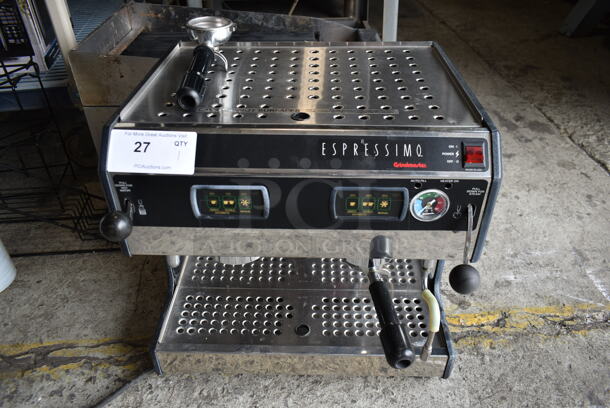 Grindmaster 245OQ Espressimo Stainless Steel Commercial Countertop 2 Group Espresso Machine w/ 2 Portafilters and Steam Wands. 208/240 Volts, 1 Phase.  - Image 1 of 7