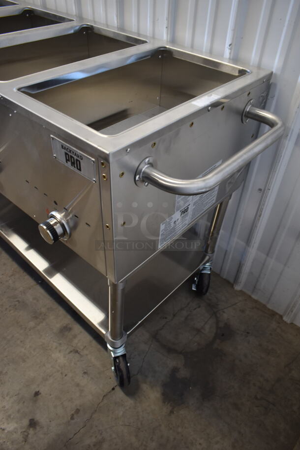 BRAND NEW SCRATCH AND DENT! 2022 Backyard Pro 554BPGST4WLP Stainless Steel Commercial Propane Gas Powered 4 Well Steam Table w/ Under Shelf on Commercial Casters. - Image 3 of 6