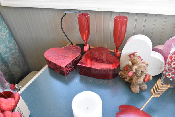 Wall Mount Table w/ Contents Including Valentines Day Decor. BUYER MUST REMOVE: Bring Tools and Manpower Needed To Remove This Item. (booth room)  - Image 10 of 10