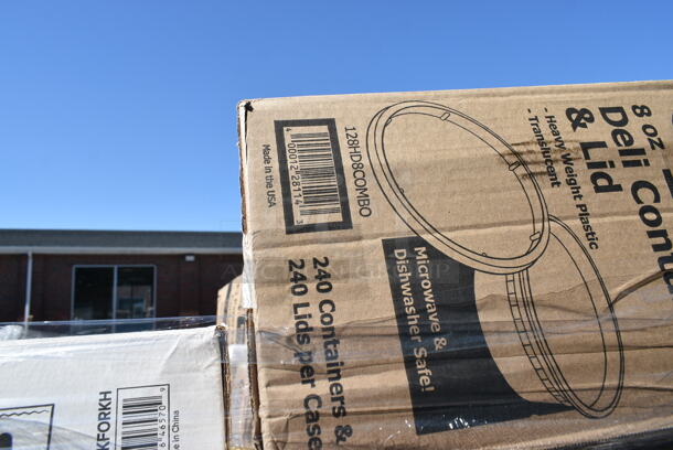 PALLET LOT of 27 BRAND NEW Boxes Including 612613245HD Choice Half Size Heavy-Duty Foil Steam Pan Deep 2 9/16" Depth - 100/Case, 130WSPOON Choice Medium Weight White Plastic Teaspoon - 1000/Case, 500CC32LEM Carnival King 32 oz. PET Lemonade Cup - 500/Case, 128HD8COMBO Choice Heavy Duty 8 oz. Microwavable Translucent Plastic Deli Container and Lid Combo Pack - 240/Case, 130WBKFORKH Choice Black Heavy Weight Wrapped Plastic Fork - 1000/Case, 130BKFKSNSPH Choice Black Heavy Weight Wrapped Plastic Cutlery Pack with Napkin and Salt and Pepper Packets - 500/Case, 500TW7 Choice 8" Clear Round Plastic Dome Lid - 500/Case, 2 Box 129MCS242CB Choice 30 oz. Black 8 3/4" x 6" x 2 3/4" 2-Compartment Rectangular Microwavable Heavy Weight Container with Lid - 150/Case, 2 Box Genpak 26600 13" x 4 1/2" x 3" White Extra Large Hinged Lid Foam Hoagie / Sub Container - 200/Case, 127SB24COMBO Choice 24 oz. Clear Plastic Salad Bowl with Lid - 150/Case, 2 Box RWP0022C300 Square Kova Cups, 127DM12BULK Choice 12 oz. Ultra Clear PET Plastic Round Deli Container - 500/Case, 612P558 Choice 8" Clear Round Plastic Dome Lid - 500/Case. 27 Times Your Bid!  - Image 9 of 12