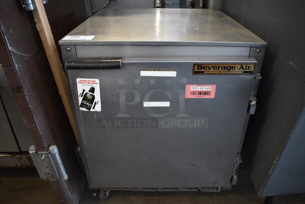Beverage Air UCR27A Stainless Steel Commercial Single Door Undercounter Cooler on Commercial Casters. 1 Caster Needs To Be Reattached. 115 Volts, 1 Phase. 27x30x32. Tested and Working!
