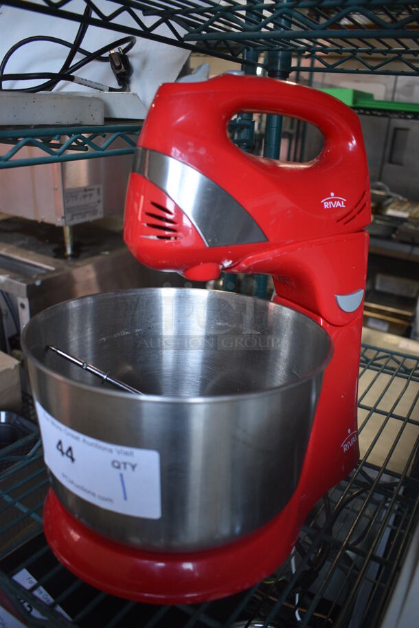 Rival Model HM533R Red Hand Mixer w/ Attachments and Metal Bowl on Stand. 120 Volts, 1 Phase. 9x14x13. Tested and Working!