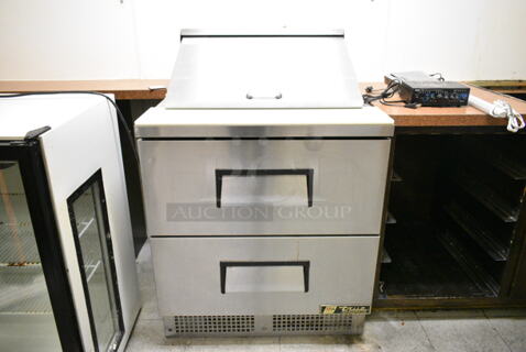True TFP-32-12M-D-2 Stainless Steel Commercial Sandwich Salad Prep Table Bain Marie Mega Top w/ 2 Drawers. 115 Volts, 1 Phase. This Unit Was In Working Condition When the Restaurant Closed. (kitchen entryway)