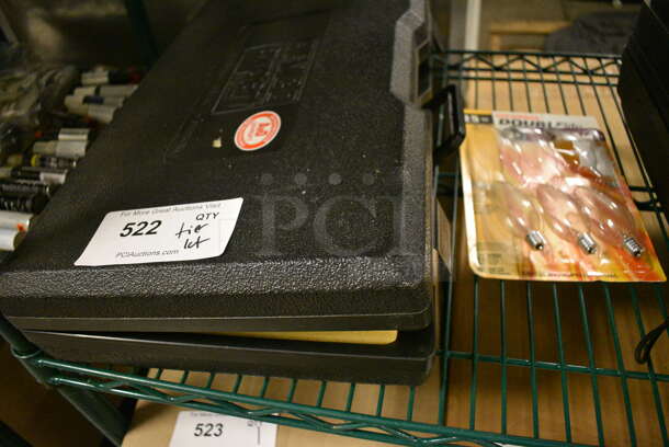 ALL ONE MONEY! Tier Lot of Various Items Including Steel Floor Jack with Case, Tool Kit, Light Bulbs, and Gloves - Image 4 of 7