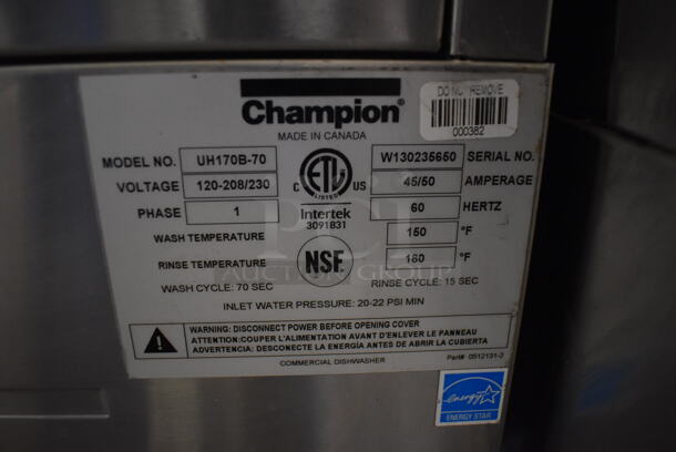 Champion UH170B-70 ENERGY STAR Stainless Steel Commercial Undercounter Dishwasher. 120/208-230 Volts, 1 Phase. 24x25x34 - Image 7 of 7