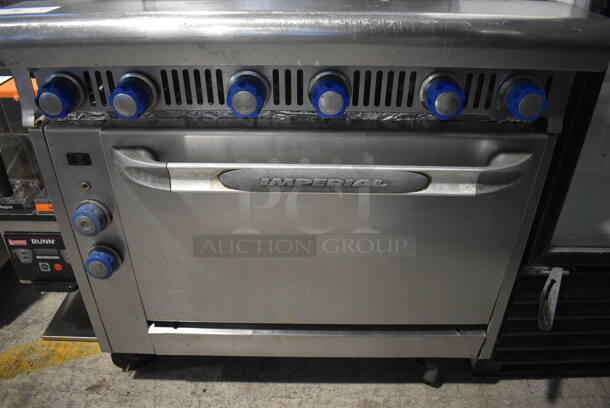 Imperial Stainless Steel Commercial Natural Gas Powered 6 Burner Range w/ Convection Oven, Over Shelf and Back Splash. 36x38x57 - Image 5 of 6