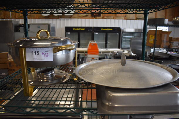 ALL ONE MONEY! Tier Lot of Metal Chafing Dish, Stock Pot Lid and Bin