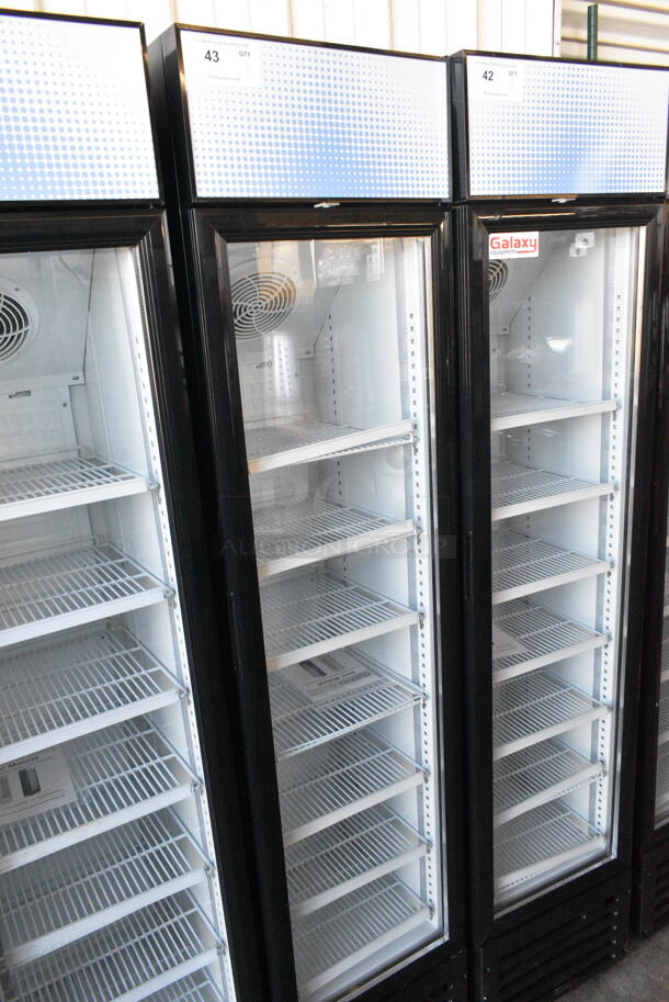 BRAND NEW SCRATCH AND DENT! Galaxy 177GDN5RBB Metal Commercial Single Door Reach In Cooler Merchandiser w/ Poly Coated Racks and Red, White, and Blue LED Lighting. 110-120 Volts, 1 Phase. Tested and Working! - Image 2 of 6