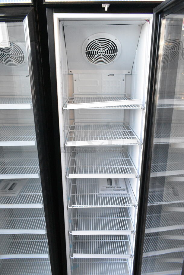 BRAND NEW SCRATCH AND DENT! Galaxy 177GDN5RBB Metal Commercial Single Door Reach In Cooler Merchandiser w/ Poly Coated Racks and Red, White, and Blue LED Lighting. 110-120 Volts, 1 Phase. Tested and Working! - Image 3 of 6