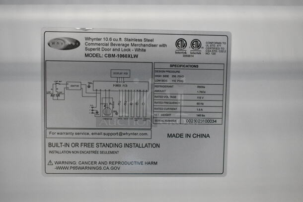 BRAND NEW SCRATCH AND DENT! Whynter CBM-1060XLW 10.6 cu. ft. Commercial Beverage Merchandiser. 115 Volts, 1 Phase. Tested and Working! - Image 5 of 5