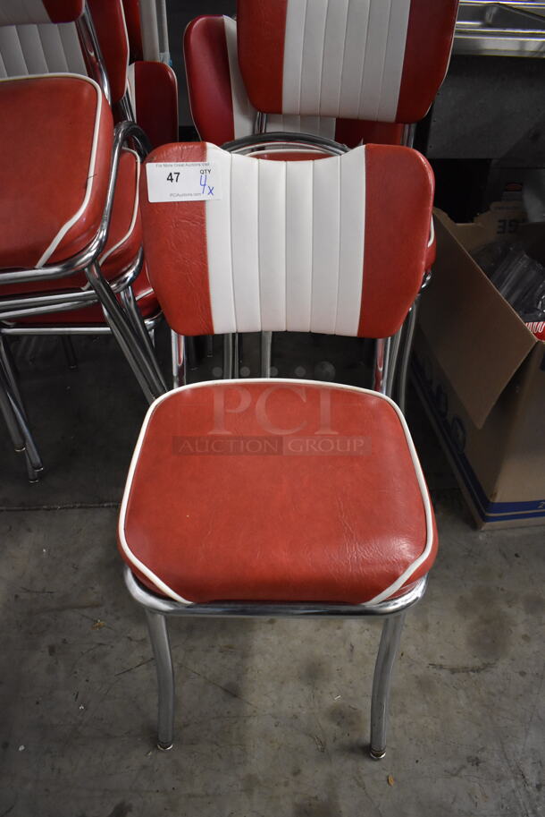 4 RETRO White and Red Dining Chairs on Metal Legs. 16x18x32. 4 Times Your Bid!