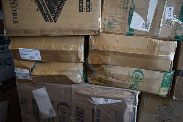 PALLET LOT of 26 BRAND NEW! Boxes Including 129MCR32B Choice 32 oz. Black Round Microwavable Heavy Weight Container with Lid 7 1/4" - 150/Case, WM-16-BLSH 10 Strawberry St - Pale Blush 16 pc dinner set, 3 Box 347SP6BK Visions Florence 6" Square Black Plastic Plate - 120/Case, 395TO961 EcoChoice 9" x 6" x 3" Compostable Sugarcane / Bagasse 1 Compartment Take-Out Container - 200/Case, Genpak Deli 16 oz Hinged Container, 128HD12BULK ChoiceHD 12 oz. Microwavable Translucent Plastic Deli Container - 480/Case, San Jamar KM2100B Tuf-Mat 3' x 5' Black Grease-Resistant Bagged Floor Mat - 1/2" Thick, 129MCS28W Choice 28 oz. White 8 3/4" x 6 1/4" x 1 3/4" Rectangular Microwavable Heavy Weight Container with Lid - 150/Case, 274RK251 Noble Products 25-Compartment Gray Full-Size Glass Rack with 1 Blue Extender, 3 Box 395RP09PF EcoChoice No PFAS Added 9" Natural Bagasse Blend Plate - 500/Case, 2 Box 128HD8COMBO ChoiceHD 8 oz. Microwavable Translucent Plastic Deli Container and Lid Combo Pack - 240/Case, Choice 7 oz. Translucent Thin Wall Plastic Cold Cup - 2500/Case. 26 Times Your Bid! - Image 6 of 9