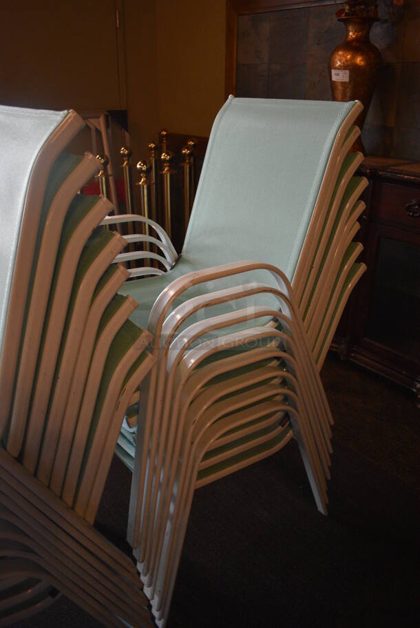8 Metal White Outdoor Chairs w/ Teal Seat and Arm Rests. BUYER MUST REMOVE. 22x27x37. 8 Times Your Bid! (Susquehanna Ale House) - Image 3 of 4