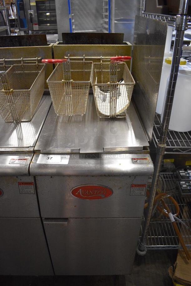 2018 Avantco Model FF400-P Stainless Steel Commercial Floor Style Propane Gas Powered Deep Fat Fryer w/ 2 Metal Fry Baskets and Side Splash Guard. 120,000 BTU. 15.5x30.5x50