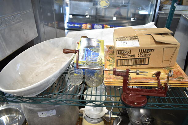 ALL ONE MONEY! Lot of Various Items Including Libbey Glasses, Ceramic Dish, Mason Jar.  - Image 1 of 7