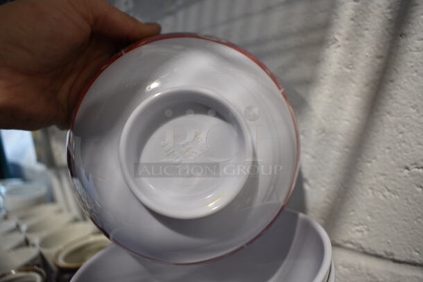 ALL ONE MONEY! Lot of 9 White Poly Red / Green Patterned Bowls. 6.25x6.25x3 - Image 3 of 3