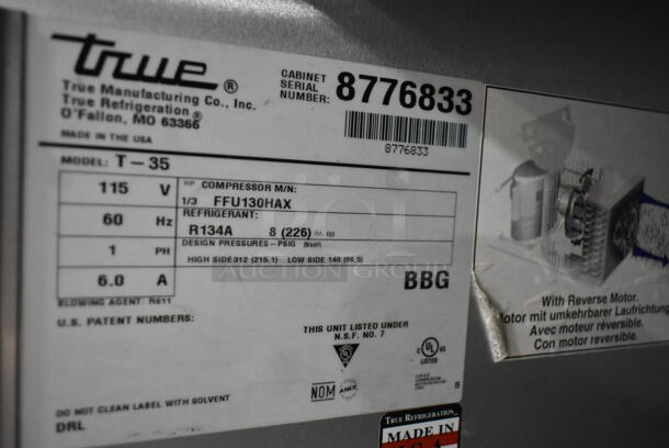 2016 True T-35 Stainless Steel Commercial 2 Door Reach In Cooler w/ Poly Coated Racks. 115 Volts, 1 Phase. Tested and Working! - Image 5 of 5