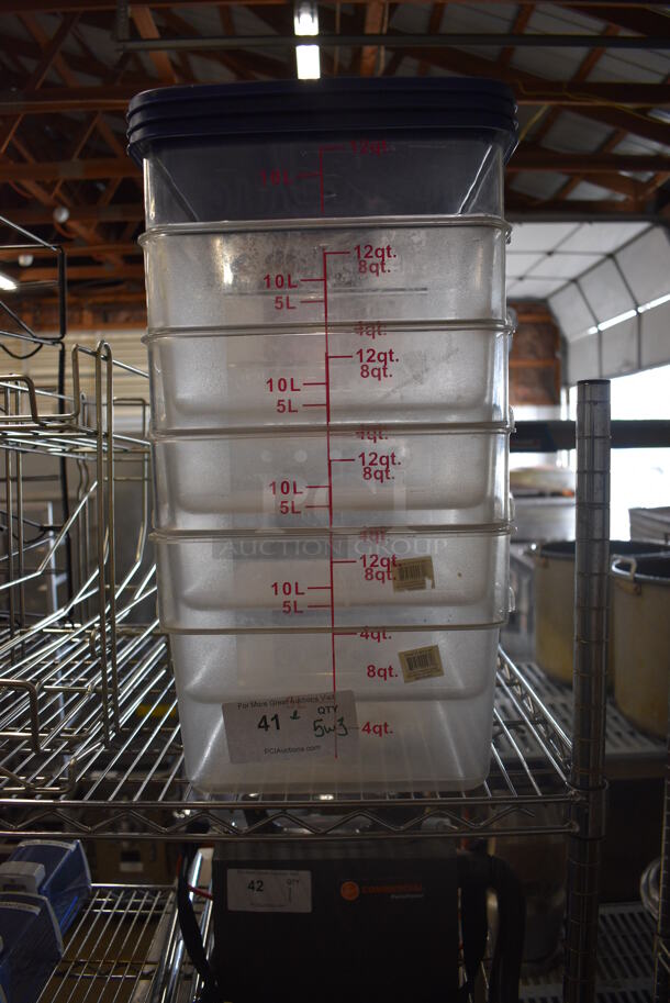 ALL ONE MONEY! Lot of 5 Clear Poly 12 Quart Containers w/ 3 Blue Lids. 11.5x11.5x8 - Image 1 of 4