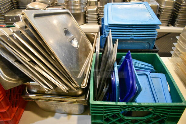 ALL ONE MONEY! Lot of Various Items Including Stainless Steel Drop In Bin Lids, Sifter, Colanders, Bowls, Poly Lids. Does Not Include Table. (main dining room) - Image 4 of 4