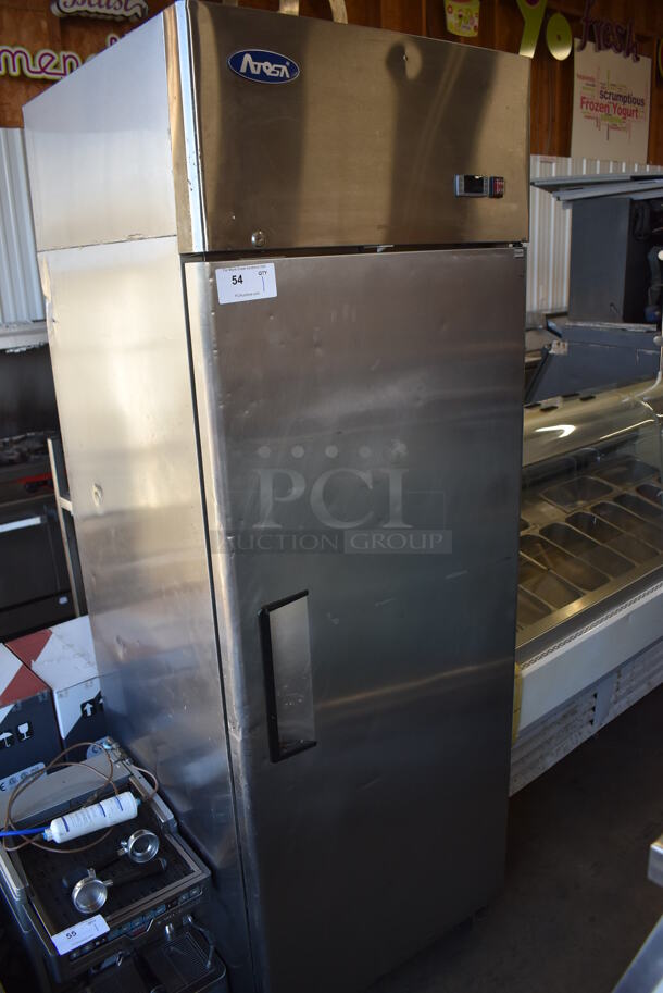 2015 Atosa MBF8004 Stainless Steel Commercial Single Door Reach In Cooler w/ Poly Coated Racks on Commercial Casters. 115 Volts, 1 Phase. 29x32x83. Tested and Working!