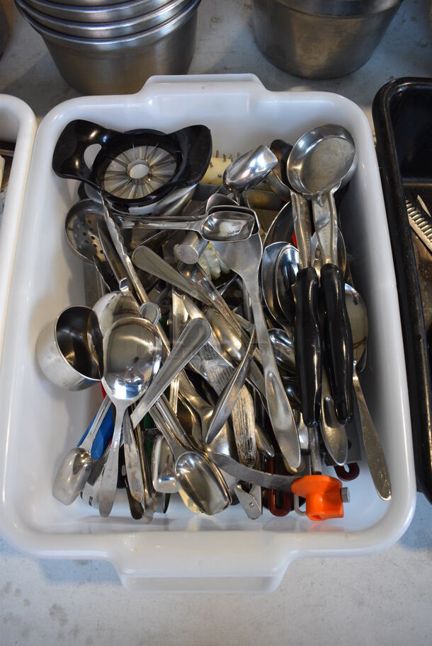 ALL ONE MONEY! Lot of Various Metal Utensils Including Spoodles in White Poly Bus Bin!