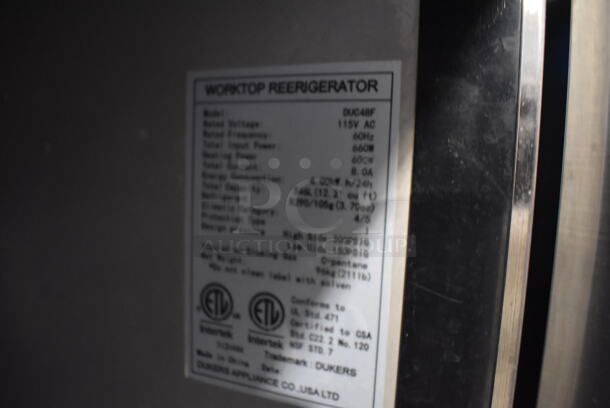 Dukers DUC48F Stainless Steel Commercial 2 Door Undercounter Freezer on Commercial Casters. 115 Volts, 1 Phase. 48.5x31.5x36. Tested and Working! - Image 5 of 6