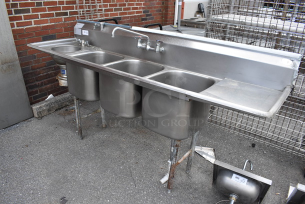 Stainless Steel Commercial 3 Bay Sink w/ Right Side Drain Board, Faucet and Handles. Bays 16x19x13. Drain Board 17x21x1