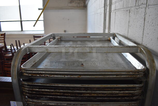 Metal Commercial Pan Transport Rack on Commercial Casters w/ 2 Metal Half Size Baking Pans and 72 Full Sizes Baking Pans. 20.5x26x69, 13x18x1, 18x26x1 - Image 2 of 4