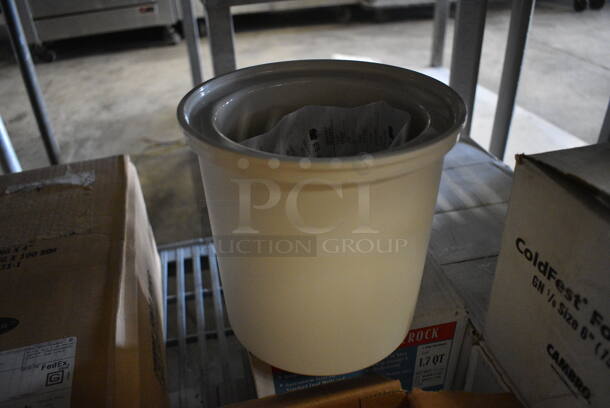 2 BRAND NEW IN BOX! Cambro White Poly Coldfest Round Crock. 7x7x6. 2 Times Your Bid!