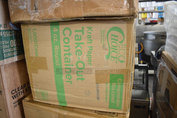PALLET LOT of 26 BRAND NEW Boxes Including 795KFT4PL4 EcoChoice 4 oz. Round Kraft Bio-Lined Compostable Take-Out Container 3" x 1 13/16" - 1000/Case, 500TO883 Choice 8" x 8" x 3" Microwaveable 1-Compartment Black / Clear Plastic Hinged Container - 100/Case, 347SPBD6WHRG Visions 6" Square White Plastic Plate with Rose Gold / Copper Bands - 120/Case, 500LFLAT Choice Clear Flat Lid with Straw Slot - 9, 12, 16, 20, and 24 oz. - 1000/Case. 56744A Compact Toilet Paper Dispenser, 130BKSSPOONWX Choice Black Extra Heavy Weight Wrapped Plastic Soup Spoon - 1000/Case, 5008C Choice 8 oz. Tall Coffee Print Poly Paper Hot Cup - 1000/Case, 500CC20 Choice Clear PET Customizable Plastic Cold Cup - 20 oz. - 600/Case, 5002DNAP Choice White 2-Ply Dinner Napkin 17" x 15" - 3000/Case, 2 Box 795KFT4PLA EcoChoice 4 oz. Round Kraft Bio-Lined Compostable Take-Out Container 3" x 1 13/16" - 1000/Case, 433NHT006 Choice Extra Large Size Grey "Thank You" Medium-Duty Plastic T-Shirt Bag - 450/Case, 346WKFSNSPM Choice White Medium Weight Wrapped Plastic Cutlery Pack with Napkin and Salt / Pepper Packets - 500/Case, 2 Box Dispenser Napkins, 760IC08W Choice 8 oz. White Paper Frozen Yogurt / Food Cup - 1000/Case. 26 Times Your Bid! - Image 2 of 12