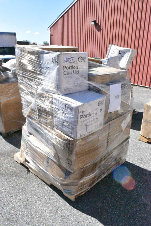 30 BRAND NEW Boxes Including 485COLNEON Choice 8 1/2" Colossal Neon Unwrapped Straw - 4000/Case, 2 Box 5001TPJ Lavex 1-Ply 1400' Universal Jumbo Toilet Paper Roll with 9" Diameter - 12/Case, 500CC12HD 12 oz. Plastic Cold Cup - 1000/Case, 127PL2 Choice PET Plastic Lid for 1.5 to 2.5 oz. Souffle Cup / Portion Cup - 2500/Case, 500TO993C3 Choice 9" x 9" x 3" Microwaveable 3-Compartment Black / Clear Plastic Hinged Container - 100/Case, 760IC06P Choice 6 oz. Polka Dot Paper Frozen Yogurt / Food Cup, CTR48BF Dart SafeSeal 48 oz. Plastic Tamper-Resistant, Tamper-Evident Bowl with Flat Lid, 394385M Noble Products White Powder-Free Disposable Latex Gloves for Foodservice - Medium - 1000/Case, Paper Cups. 30 Times Your Bid!  - Image 1 of 12