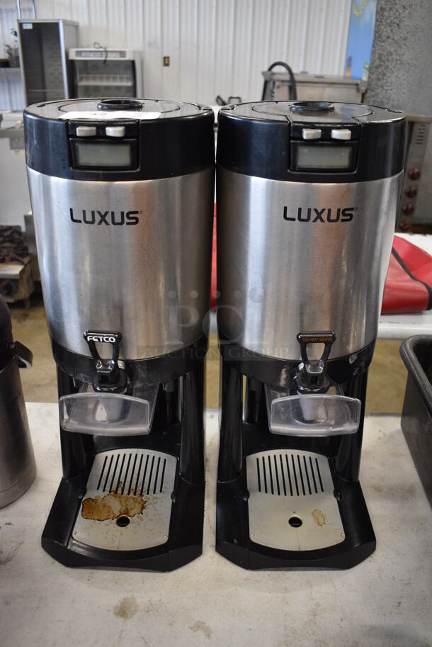 2 Fetco Luxus Stainless Steel Commercial Countertop Beverage Holder Satellite Dispensers w/ Drip Trays. 9x12x23. 2 Times Your Bid!