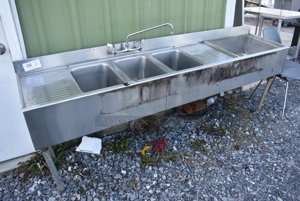 Stainless Steel Commercial 3 Bay Back Bar Sink w/ Dual Drain Boards, Ice Bin, Faucet and Handles. 83x19x32. Bays 10x14x10. Drain Boards 9x16x1
