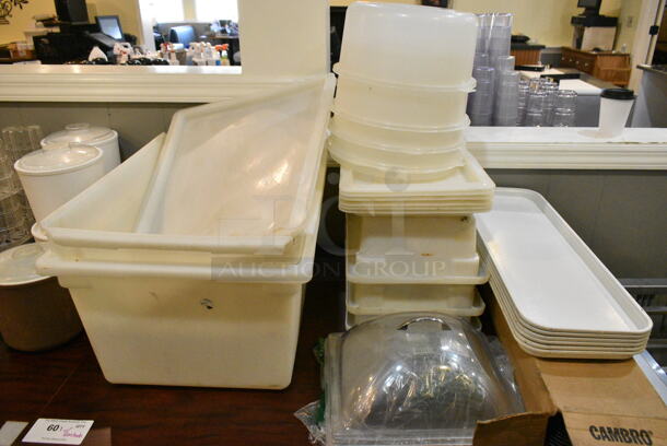 Wood Pattern Dining Height Table w/ Contents Including Poly Bins, Poly Trays. (main dining room) - Image 2 of 4