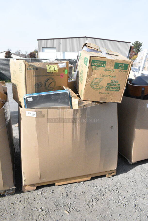 16 BRAND NEW Boxes Including Dart C90PST1 ClearSeal 8 1/4" x 8 1/4" x 3" Hinged Lid Plastic Container - 250/Pack, 50016W Choice 16 oz White Poly Paper. 16 Times Your Bid!  - Image 1 of 4