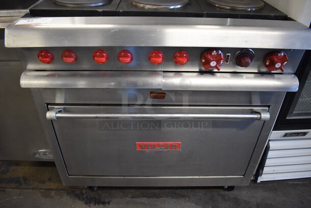 Vulcan Stainless Steel Commercial Electric Powered 6 Burner Hot Plate Range w/ Oven, 2 Tier Over Shelf and Back Splash on Commercial Casters. 240 Volts. 36x36x72 - Image 6 of 7