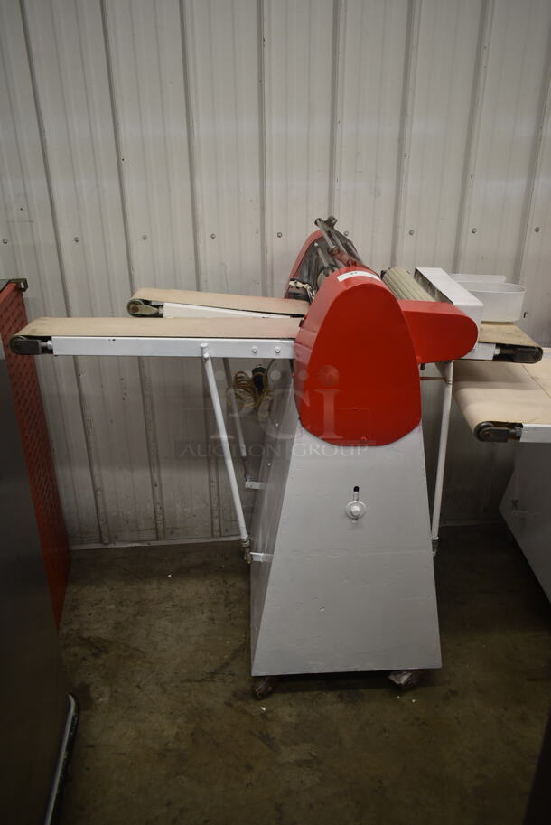 Metal Commercial Floor Style 2 Section Dough Sheeter on Commercial Casters. 240 Volts, 3 Phase.