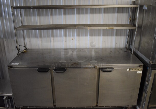 Beverage Air Model UCR72AY Stainless Steel Commercial 3 Door Work Top Cooler w/ Double Over Shelf on Commercial Casters. 115 Volts, 1 Phase. 72x30x64. Tested and Working!