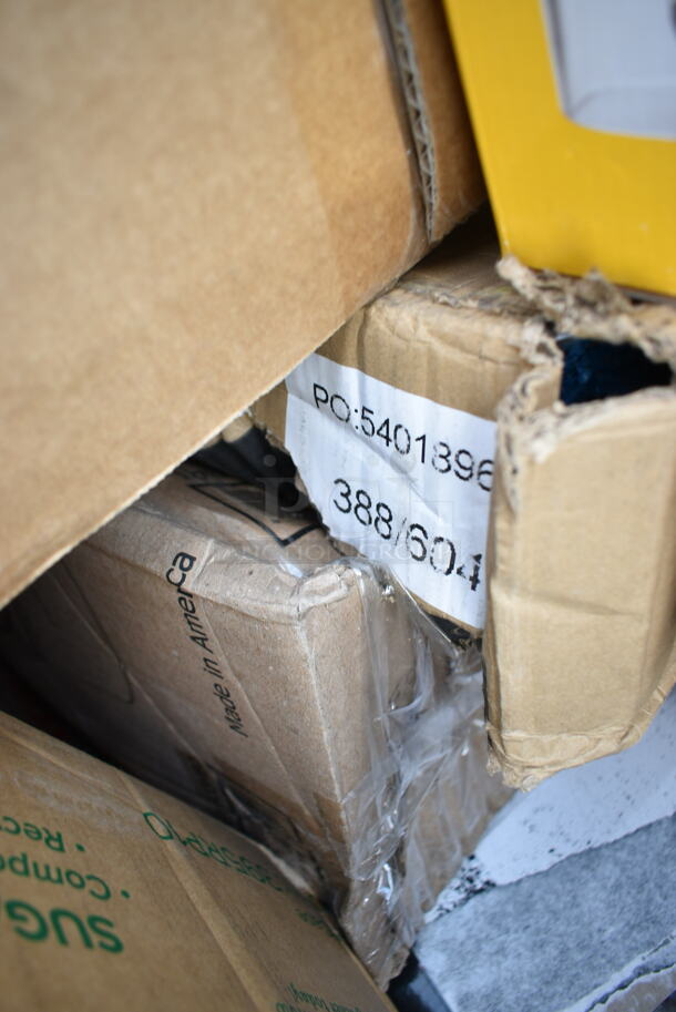 PALLET LOT of 25 BRAND NEW Boxes Including Hamilton Beach 6126-908R Blender Container, 127P400C Choice 4 oz. Clear Plastic Souffle Cup / Portion Cup - 2500/Case, Solo P200N 2 oz. Translucent Polystyrene Souffle / Portion Cup - 2500/Case, 304FND5811R Acopa Foundations 16 oz. Red Wide Rim Melamine Pasta Bowl - 12/Pack, Town 56913S 96 Cup Sushi Rice Container with Stainless Steel Finish, 128HD32COMBO Choice Heavy Duty Microwavable Plastic Deli Container, 4339BULK White Uncoated Paper Plates, 395RP10 EcoChoice No PFAS Added 10" Natural Bagasse Blend 3 Compartment Plate - 500/Case. 25 Times Your Bid!  - Image 4 of 12