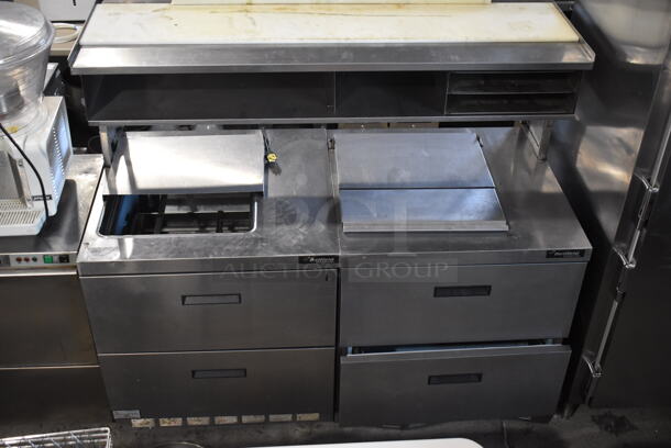 ALL ONE MONEY! Lot of 2 Delfield Stainless Steel Commercial Prep Table w/ 2 Drawers Connected w/ an Over Shelf. 115 Volts, 1 Phase. Tested and Powers On But Does Not Get Cold - Image 2 of 12