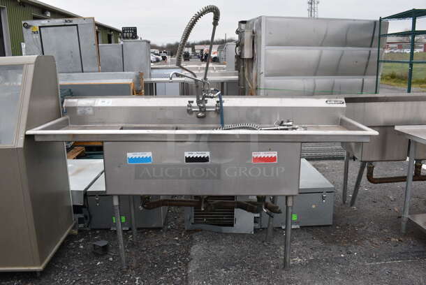 Stainless Steel Commercial 3 Bay Sink w/ 2 Faucets, 2 Handle Set Ups and 2 Spray Nozzle Attachments. 84x27x44. Bays 16x21x14. Drain Boards 16x23x1 - Image 1 of 7