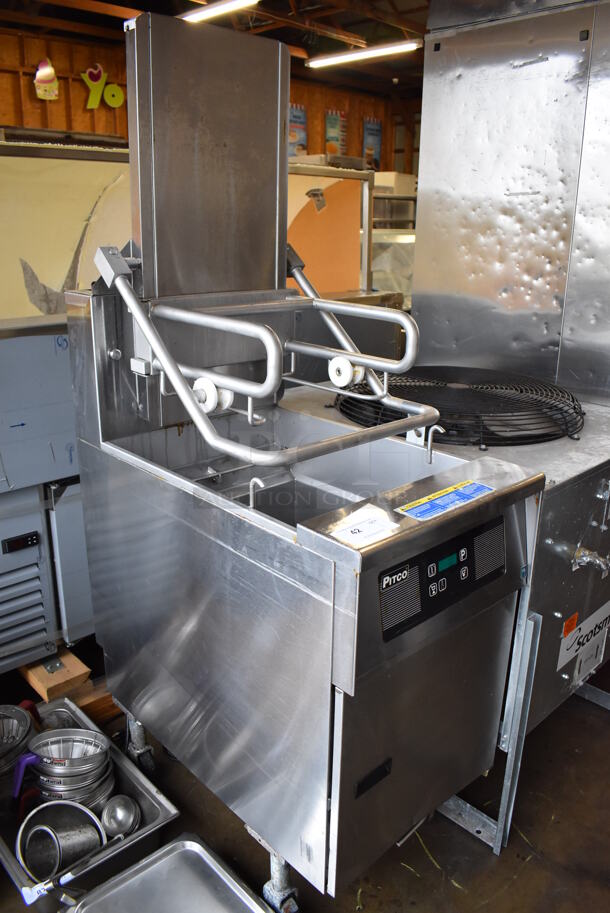2011 Pitco Frialator SFSG6H Stainless Steel Commercial Floor Style Natural Gas Powered Deep Fat Fryer w/ Automatic Lifting System on Commercial Casters. 140,000 BTU. 20x34.5x69 - Image 3 of 8