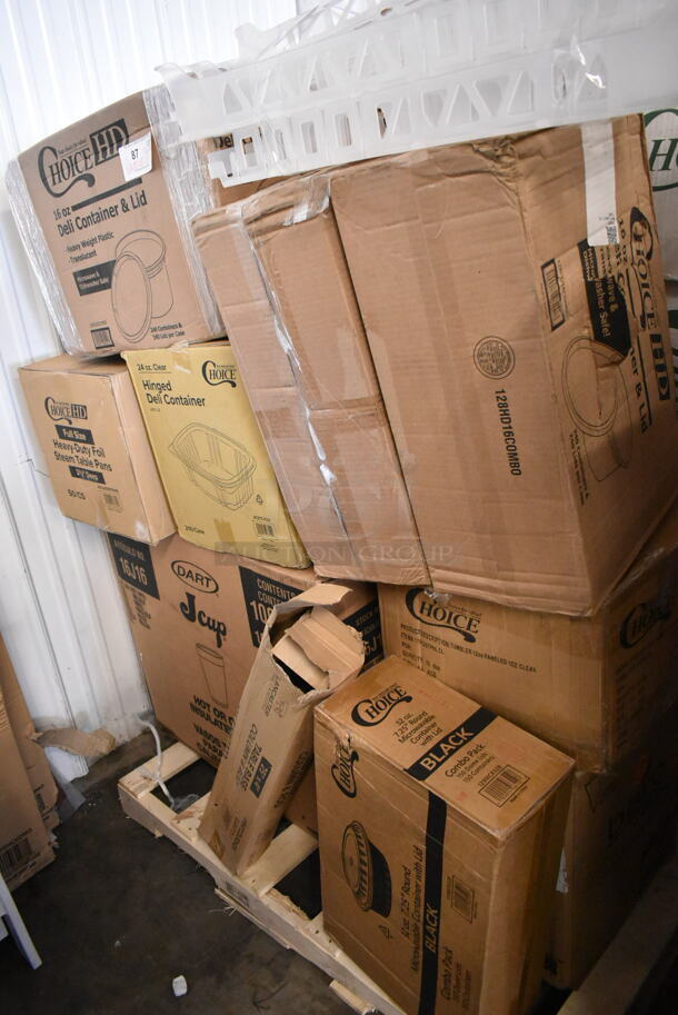 PALLET LOT of 21 BRAND NEW Boxes Including 2 Box Choice Tallfold Dispenser Napkins, 129MCR32B Choice 32 oz. Black Round Microwavable Heavy Weight Container with Lid 7 1/4" - 150/Case, 17612STPNLCL Choice 12 oz. Clear SAN Plastic Paneled Tumbler - 12/Pack, 127CH24 Choice 24 oz. Clear RPET Hinged Deli Container - 200/Case, 612605070HD Choice Full Size Heavy-Duty Foil Steam Table Pan Deep 3 3/8" Depth - 50/Case, Dart 16J16 16 oz. White Customizable Foam Cup - 1000/Case, 128HD16COMBO ChoiceHD 16 oz. Microwavable Translucent Plastic Deli Container and Lid Combo Pack - 240/Case. 21 Times Your Bid! - Image 1 of 8