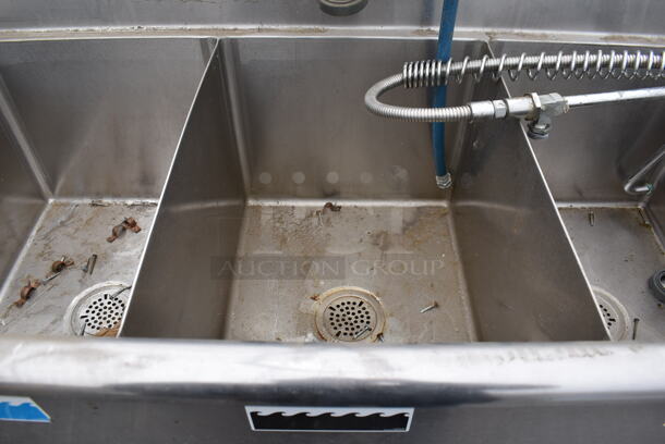 Stainless Steel Commercial 3 Bay Sink w/ 2 Faucets, 2 Handle Set Ups and 2 Spray Nozzle Attachments. 84x27x44. Bays 16x21x14. Drain Boards 16x23x1 - Image 6 of 7