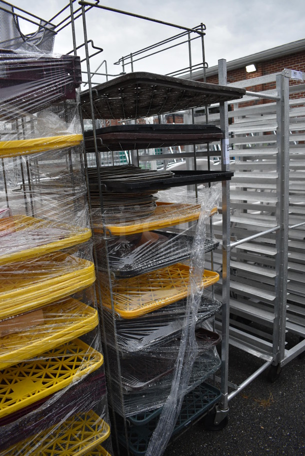 Metal Pan Rack w/ Poly Trays and Mesh Round Screens on Commercial Casters. 24x26x75