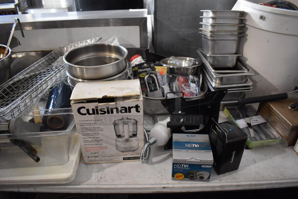 ALL ONE MONEY! Tabletop Lot of Various Items Including Stool Seats, Metal Bins, Poly Bins, Cuisinart Food Processor, Stainless Steel Drop In Bins - Image 5 of 12
