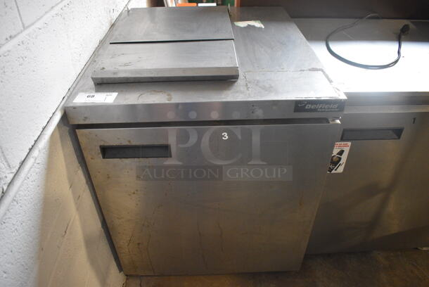 Delfield Model UC4427N-6M-DD1 Stainless Steel Commercial Prep Table on Commercial Casters. 115 Volts, 1 Phase. 27x31.5x35. Tested and Working!