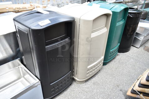 4 BRAND NEW SCRATCH AND DENT! Trash Can Shells; Rubbermaid FG9P9000BLA Plaza Black Square Junior Container with Side Opening Door 35 Gallon, Rubbermaid FG396400BEIG Plaza Beige Square Container with Side Opening 50 Gallon, Rubbermaid FG396400DGRN Plaza Dark Green Square Container with Side Opening 50 Gallon, Black Round Metal. 4 Times Your Bid!