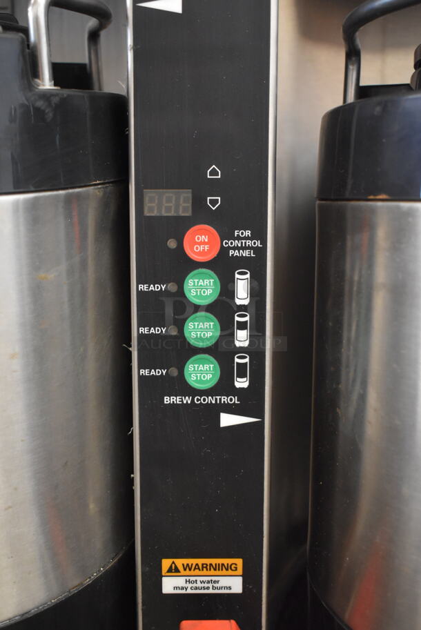 2014 Grindmaster P-430 Stainless Steel Commercial Countertop Dual Coffee Machine w/ Hot Water Dispenser, 2 Satellite Servers and 2 Metal Brew Baskets. 120/240 Volts, 1 Phase.  - Image 7 of 9